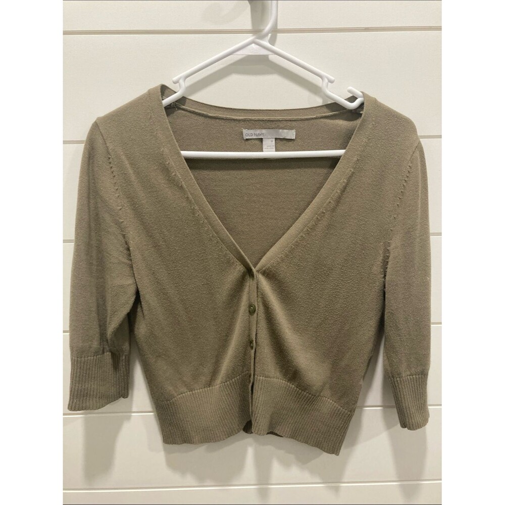 Old Navy Vintage Y2K Cropped Cardigan 3/4 Sleeve Knit Olive Sage Green Sz M-GUC